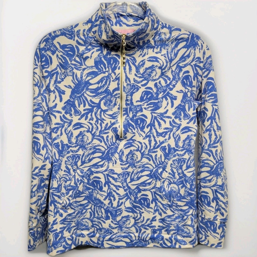 Lilly Pulitzer Skipper Popover XS Blue White Lobster Roll Half Gold Zip